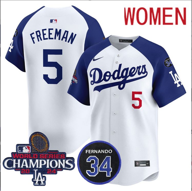 Women  MLB Los Angeles Dodgers #5 Freeman white 2024 World Series Champions Patch Limited Jersey style 2